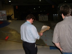 With Stuart Hadaway at the RAF Museum trying to match the piece of John Harder's Spitfire to a complete Spitfire